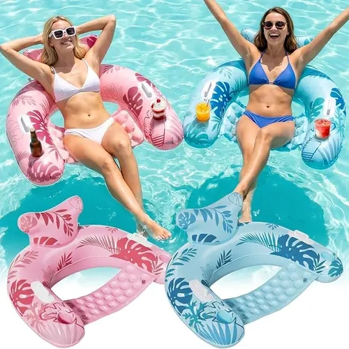 Ecofurnix Adult Inflatable Pool Lounger Chair - 2-4 Pack Water Float with Double Drink-Ready Cup Holders, Sturdy Side Handles, Ergonomic Headrest, 300 lbs Capacity for Family and Friends Summer Water Parties