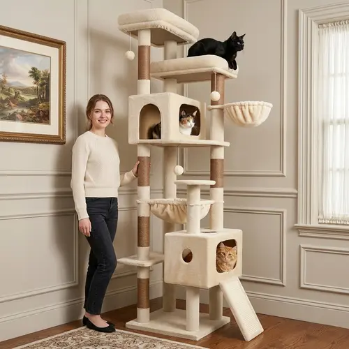 DESKAT Freestanding 80" Tall Cat Tree for Large Cats - Modern Home Decor, Stable Multi-Level Tower with Dual Cozy Condos, 6-Post Scratch Zone, Cloud-Soft Deep Hammock & Padded Perches, Anti-Topple Strap, Thick Base, Space-Saving Safe Vertical Play