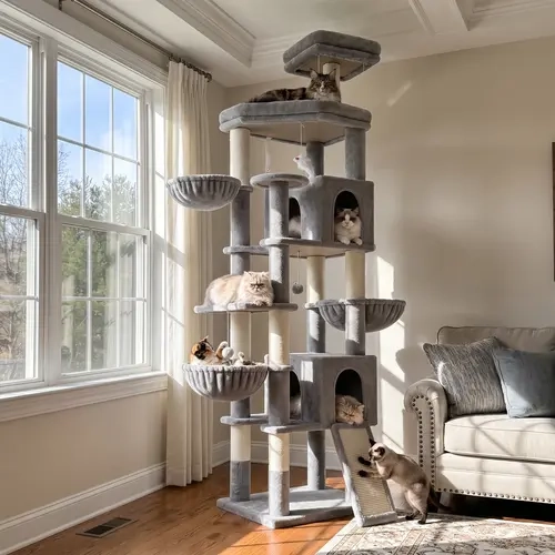 Deskat Model F83H 83-Inches Tall Cozy Kitten Condo Tower - Light Grey, High-Quality Materials, Safe Design, 2 Condos, 3 Hammocks, Fully Wrapped Sisal Posts, Ladder, Ramp, Freestanding Vertical Play Furniture for Multi-Cat Households