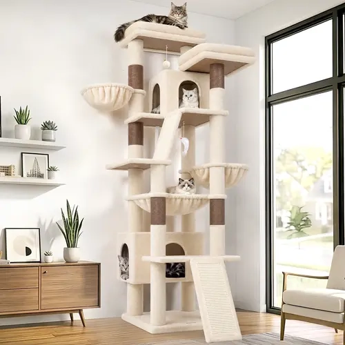 DESKAT 75-Inch Tall Cat Tower with Fabric - Large Indoor Cat Furniture, Sisal Scratching Posts, Vertical Scratcher, 2 Condos, 2 Hammocks, 3 Perches, Comprehensive Playground for Multiple Felines (Supports Healthy Claws)