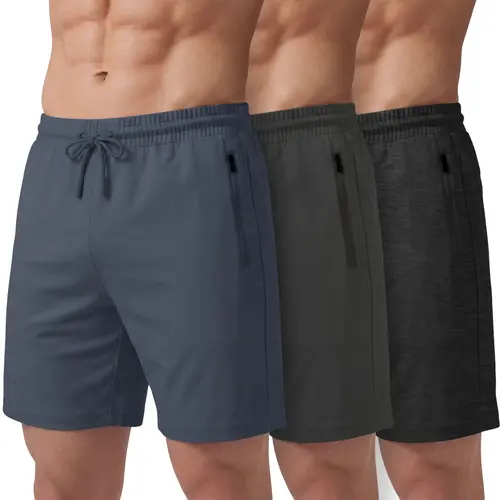 PURE CHAMP Men's 3-Pack 8" Above-the-Knee Active Gym Shorts, Lightweight Breathable Gym Wear with Quick-Dry Soft Blend Fabric, 4-Way Stretch, Zipper Pockets, Anti-Odour, Durable for Basketball & All Seasons