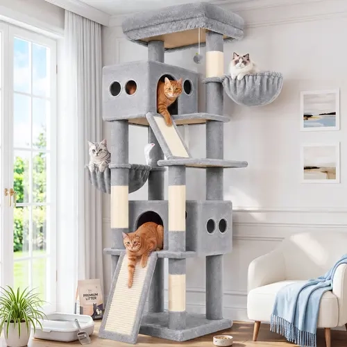 DESKAT 70-Inch Heavy-Duty Freestanding Indoor Cat Tree - Sturdy Scratching Post & Board, Fabric Kitty Condos (2), Hammocks (2), Reinforced Base, Wall-Placement, Private Retreats, Large Breed Ultimate Activity Center
