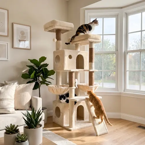 DESKAT 64-inch Tall Freestanding Heavy-Duty Cat Tree with 4 Durable Sisal-Wrapped Posts, Vertical Scratcher, 2 Plush Hanging Baskets, Large Condo & Safety Wall Strap - Modern Home Decor for Indoor Cats