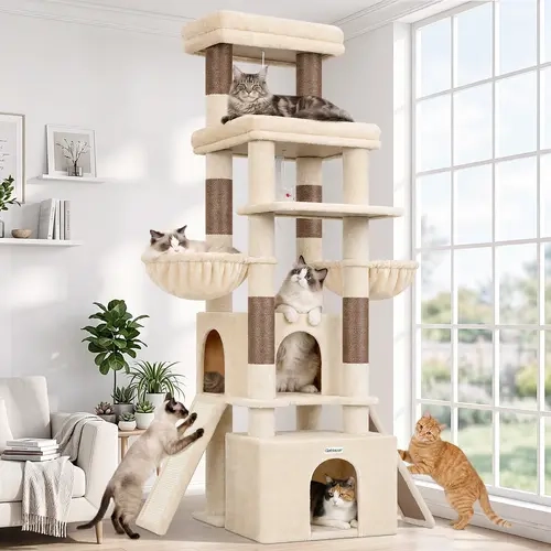 DESKAT 74-Inch Tall Fabric Cat Tree Tower - Stable Multi-Level Play Space for Large Cats, 3 Perches, 2 Condos, Hammocks, 6 Durable Scratching Posts & Boards, Vertical Scratcher, Beige, F74G