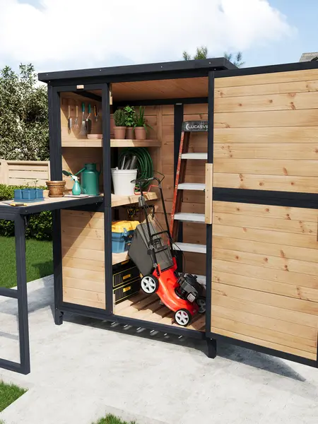Amerlife Solid Fir Wood Outdoor Storage Shed - Adjustable Shelves, Foldable Workbench, Sloping Roof, Raised Base, Weatherproof Utility Cabinet for Backyard, Patio, Solid Wood