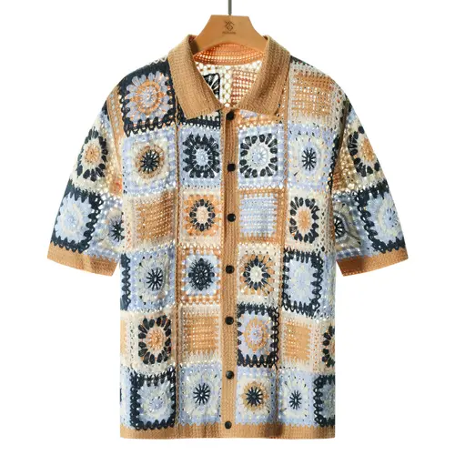 Zaitun Men's Polished Acrylic Knit Short-Sleeve Collared Shirt - Baby Blue, Light Blue Floral Graphic, Loose Fit, Button Closure, Boho Street Style, Travel-Friendly, Vacation Wear, Menswear Wardrobe Staple, Men's Clothing, Clothes