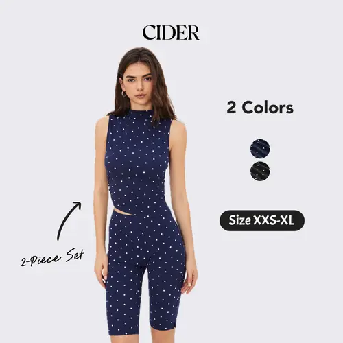 Cider 2-Piece Set Cotton-blend High Neck Polka Dot Asymmetrical Hem Top & Mid Rise Capri Pants Casual Womenswear Set Sporty Style