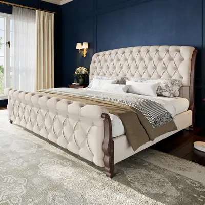 AMERLIFE Upholstered Bed Frame, 53" Tall Sleigh Bed with Button Tufted Chenille Headboard and Footboard, Platform Bed with Carved Solid Wood Legs, No Box Spring Needed[TikTokShopFallDealsForYou]