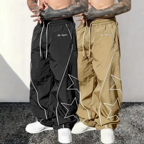 Men’s 2-Pack Loose Graphic Sweatpants - Elastic Drawstring Waist, Star Print, Baggy Legged Pants, Drawstring Gym Pants, Athleisure Style, Casual Sporty Trousers for Street Sports, Hip-Hop Streetwear Outfits