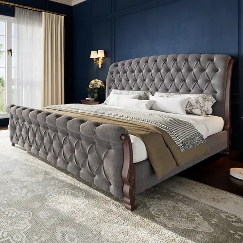 AMERLIFE Queen Size Bed Frame - 53" Tall Double-Arc Elegant Sleigh Furniture, Button Tufted Chenille Headboard, Footboard, Carved Solid Wood Legs, Assembly Required, No Box Spring Needed, Fabric Upholstered Tufted Headboard Bed Frames#TikTokShopFallDealsF
