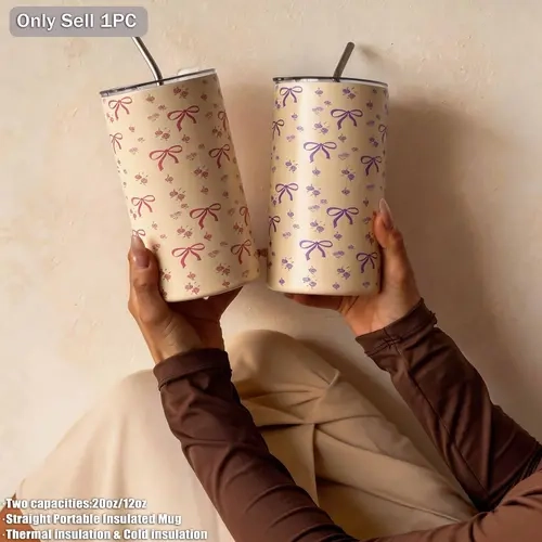 Double Layer Stainless Steel Insulated Cup Mug, 360ML-600ML, Rose Pattern, Straw Included, Travel & Home Use, Gift Idea