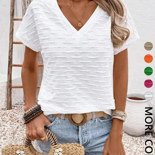Women's Casual Versatile Loose Solid Color Texture Short Sleeve T-Shirt Tops, V Neck Short Dolman Sleeves, Breathable Lightweight Fabric, Basic Minimalist Style Fit for Daily Wear, Summer Vacation, Commute and Beach Wear