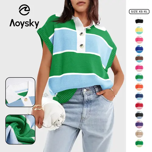 Aoysky Women's Rib-Knit Fitted Collared V-Neck Button-Down Striped Short-Sleeve Top with Pockets - Preppy Vintage Work Party Knitwear