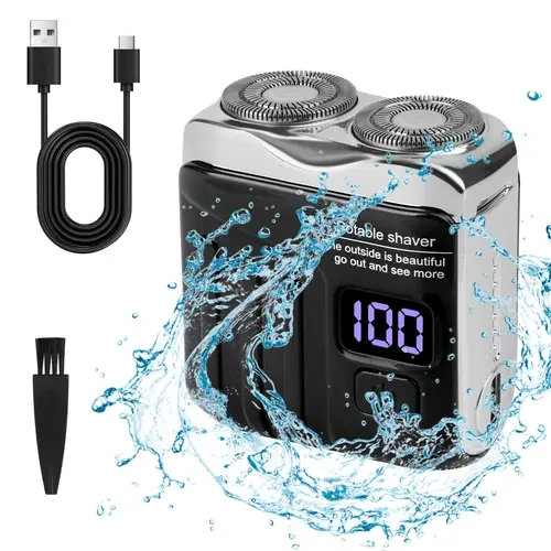 Men's Cordless Rechargeable Mini Electric Rotary Shaver - Dual-Ring Razor with Magnetic Washable Floating Head, Travel Size, IPX7 Water Resistant, 9000 RPM Portable Beard Trimmer