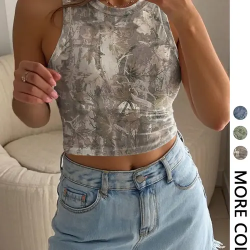 Women's Summer Casual Leaf Printed Camouflage Cropped Tank Top, Crew Neck, Sleeveless Wide Armhole, High Stretch Breathable Knit Fabric, Suitable for Beach, Outdoor, Vacation, Commute & Daily Wear, Short, Crop Tops