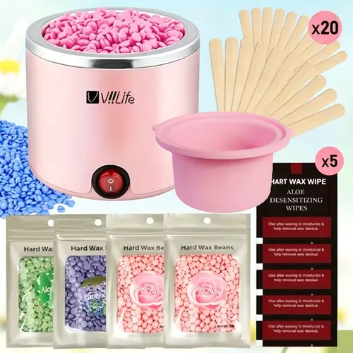 Viilife Complete Waxing Kit for Sensitive Skin, Portable 200cc Wax Heater, Includes Hard Wax Beads, Wooden Sticks & Wet Wipes