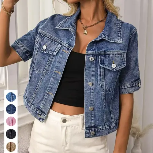 Women's Classic Short Sleeve Denim Jacket, Casual Single Button Short Denim Collar Top, Summer Outerwear, Loose-Fitting