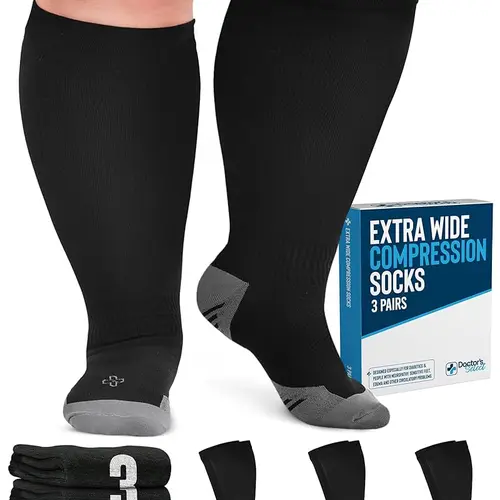 Doctor's Select Wide Calf Plus Size Compression Socks for Women and Men - Extra Wide Leg Fit, 20-30 mmHg Gradual Support, Smooth Toe, Designed for All-Day Wear, Athletic support, Pregnancy, Long standing hours - 3 Pairs (Up to 6XL)