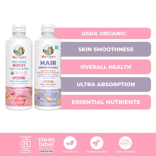 MaryRuth's Women's Organic Multivitamin & Hair Growth Max Liposomal Bundle - Women's Organic Multivitamin Liposomal 15.22 oz - Hair Growth Max Liposomal 15.22 oz