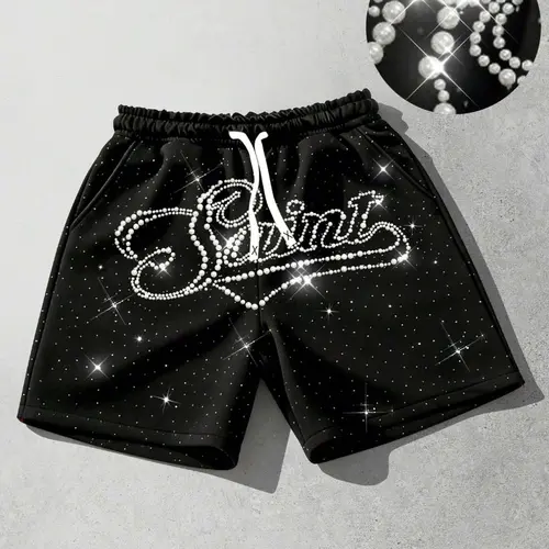 Three dimensional white nail bead shorts, fashionable unisex rhinestone shorts, men's summer casual fashion shorts, beach shorts, European and American street fashion brand hot stamping shorts, sail slogan shorts, Drawstring Waistband Shorts