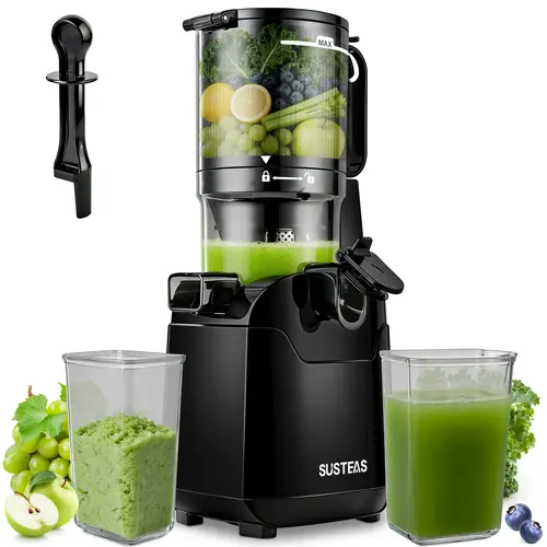 SUSTEAS Cold Press Juicer - 5.8'' Large Feed Chute, 300W Slow Press, High Juice Yield, Extra Brush Makes Cleaning Smoother, 2 Filters for Soft & Hard Fruits, 1-Click Start for Simple Control, Auto-Stop, Christmas Kitchen Essential Appliance