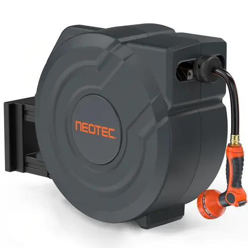 [toolupgrade]NEOTEC Retractable Garden Hose Reel 100 feet/50 feet - wall mounted, with 3/4 inch brass fittings and 9-type nozzle - automatic rewinding system, locking at any length, 180 ° rotating bracket wall mounted, for watering, flushing