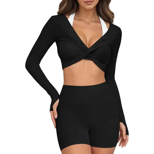 Yousify Women's Long Sleeve Gym Activewear Crop Top - Twist Deep V Neck, Y2K Style, Thumb Holes for Yoga, Pilates