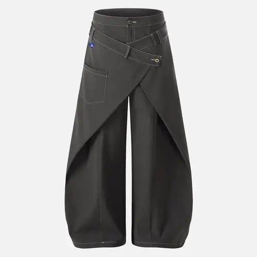 AELFRIC EDEN Men's Oversized Cotton Casual Menswear Pants - High Waist, Asymmetrical Wrap Panel, Strap Detail, Fluid Drape, Wide-Leg Cut, Loose-Fit, Minimalist Plain, All Seasons Streetwear Bottoms