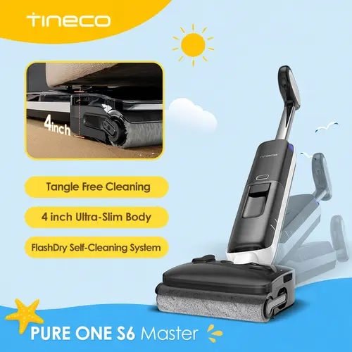 TINECO Floor One S6 Master Cordless Wet Dry Vacuum Cleaner, 20000Pa Suction Mop with Dual-Edge Cleaning, 45 Min Quiet Mode Runtime, 185°F Flashdry, 4 In Ultra-Slim Design, Cordless Vacuums for Home Floor Care, Back to School Haul