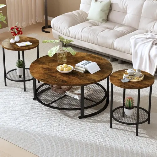 Living Room Coffee and End Table Sets, Wooden Modern Rustic Center Table with Two Side Tables, 3 Piece Living Room Coffee Table Set with Storage for Living Room, Apartment cozyhome
