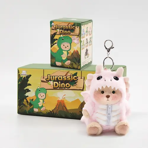 Getahug Jurassic Dino Series Adorable Cute Animal Plush Mini Bear Blind Box Collectibles - 5.9in Polyester Clip Bag Charms Keychains, Changeable Outfit, Pink & Green Furry Accessories, Blind Bag Prizes, Stocking Stuffer Ideas for Kids