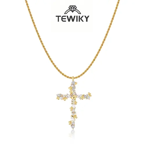 Tewiky 14K Gold Plated Beaded & Twisted Chain Pearl Cubic Zirconia Cross Necklace with Floral Carved Petal Cross Design, Fashion Jewelry for Women, Daily Casual Elegant Necklace for All Occasions Back To School