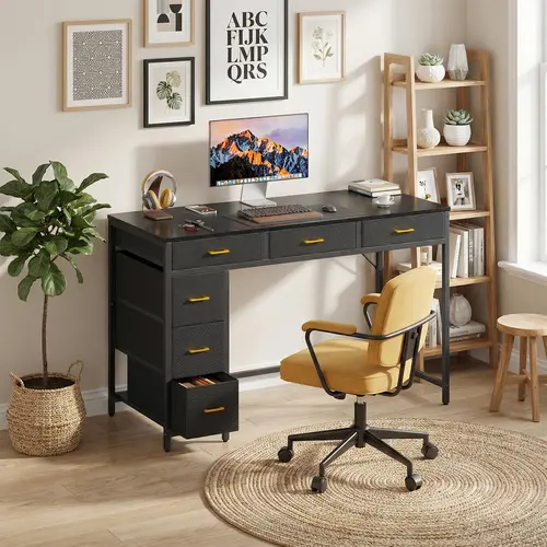 Ecofurnix 47" Sturdy Bamboo Computer Table - 6-Drawer Wooden Desk with Drawers, Water-Resist Top, Large Storage, Dual Monitor Compatibility, Ideal for Home Office, Desk for Bedroom (Black)