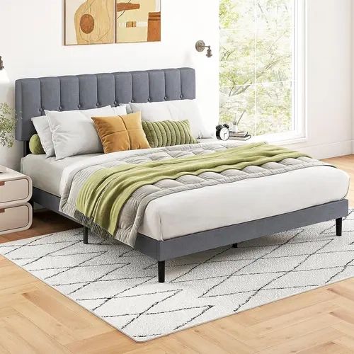 Sweetcrispy Fabric Upholstered Platform Bed Frame with Headboard - Sturdy Wooden Design Bed Frame with 800LBS Wooden Slats Support, No Box Spring Needed, Noise-Free, Easy Assembly, Grey, Bed Frames, Wooden Design Bed Frames, Sturdy Bed Frames