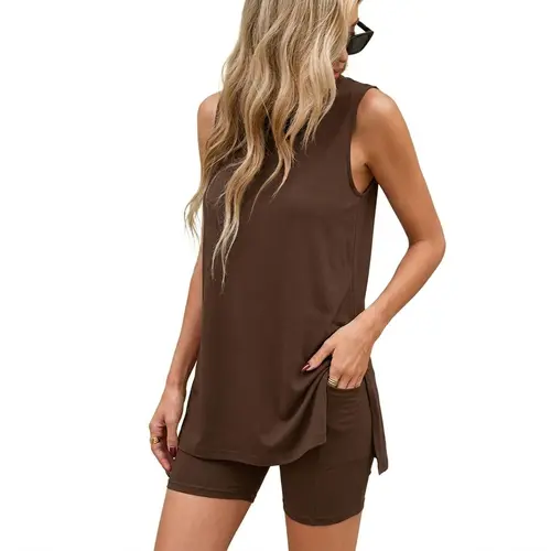 Women's 2-Piece Knitting Acetate Comfy Pajama Set - Sleeveless Crew Neck Tunic Top, Above Knee Biker Lounge Shorts with Split Hem, Cozy OOTD Everyday Fit, Multi-Size, Machine Washable, Ideal for Travel, Mother's Day Gift
