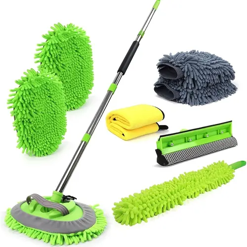 11PCS Car Wash Cleaning Kit - 62" Handle Pole, Buff+Wax Ready Chenille Brush, Mop Mitt, Windshield Squeegee, Flexible Duster, Microfiber Towel, Gloves, Durable Nylon Net Sponge - For Cars, RVs