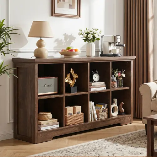 Wooden 8-Cube Storage Organizer with Charging Ports - 3-Tier Floor Standing Open Cubby Shelves, Modern Bookcase with Base for Entryway Console, Living Room TV Area, Nursery, Home Office