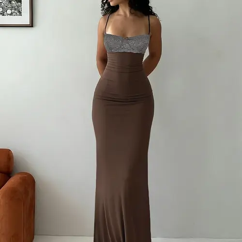 Elegant Tight Fit Lace Patchwork Sexy Halter Sleeveless Long Dress, Women's Colorblock Bow Adjustable Back Vacation Style Summer New Arrival A-Line Womenswear Spaghetti Strap Sundress