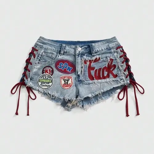 Spring/Summer Women's Y2K Retro Jersey Sports Ballet Style Graphic Logo Embroidered Drawstring Low Waist Mini Denim Shorts