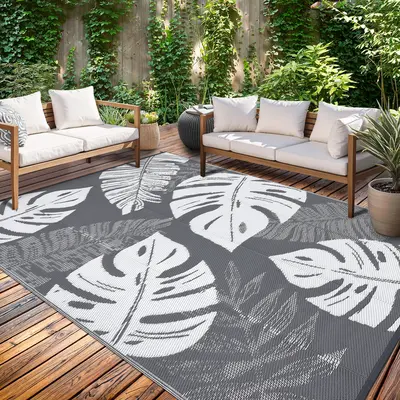 Outdoor Patio Rug， Waterproof Plastic Straw Rug Reversible UV Resistant Camping Mat, Leaf Foldable Lightweight RV Picnic Mat with Portable Bag, Modern Leaf Carpet for Yard