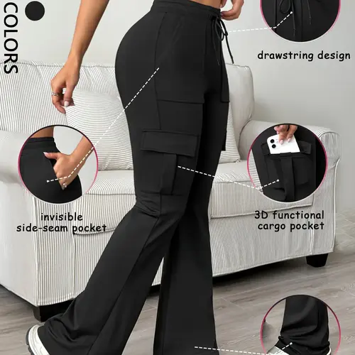 Women's Casual Bell Bottom Work Pants, Black Trousers, Long Trousers for Commuting, Adjustable Waist Trousers, Adjustable Drawstring, Fitted Plain Design, Basic, All Seasons Essential, Comfortable and Stylish