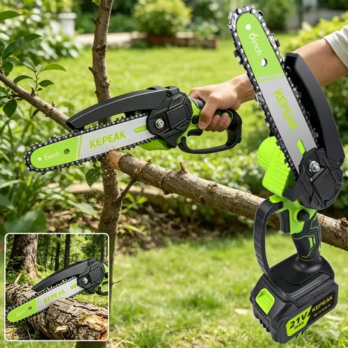 Toolupgrade Compact 6-Inch Multifunction Wood Chainsaw, Cordless Mini Electric Power Tool with 6000mAh Lithium Battery, Charger, Steel Bar, Hand Guard, Grip, Safety Switch, Efficient Cutting for Tree Trimming, DIY Projects (1×Battery Included)