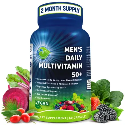 SUPPLEMENTS STUDIO Men’s Multivitamin 50+ Vegan Multivitamin with Methylated B Vitamins, Saw Palmetto, Biotin, Probiotics, Organic Superfood Blend & Eye Health Blend - Supports Eye Health, Energy & Gut Health - Easy to Swallow - 60 Capsules