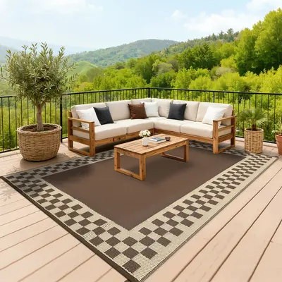 Waterproof Reversible Outdoor Rug Plastic Straw Patio Mat with Checkered Geometric Design, UV Resistant Foldable Indoor Outdoor Carpet for Deck Porch Balcony Camper Beach Picnic Backyard with Storage Bag and Stakes