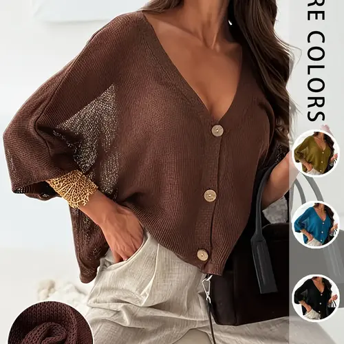 Women's Sheer Knit Cardigan, Deep V-Neck Button-Down Batwing Sleeve Oversized Top, Casual Breathable Open-Front Knitwear, Open Knit Sweater