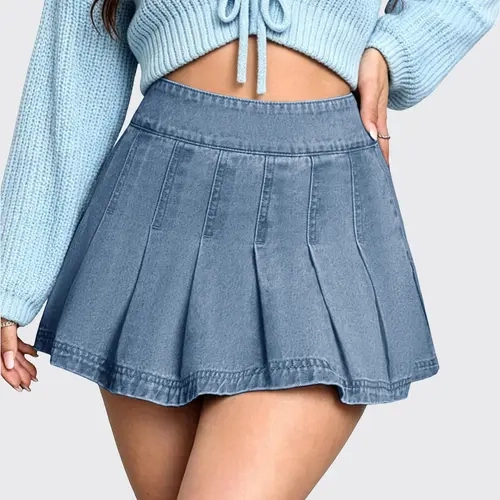 FireSwan Women's High-Waisted Fitted Pleated Denim Jean Skirt - Chic Fashion Flattering Blue Denim Fabric Mini Skirt for Summer Wear, Flattering Skirts