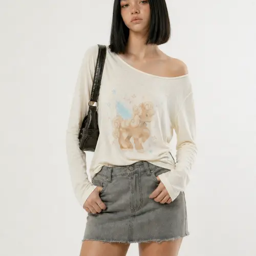 Aelfric Eden Women's Angel Pony Slim Long Sleeve Graphic Tee - Asymmetrical Neckline, Soft Lightweight Knit, 2000s Y2K Cute 2000 Tops, Trending Back to School Clothes for Women, Long Sleeve Tops