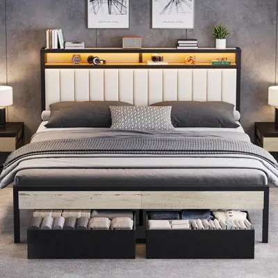 [Summerwins] VanAcc Bed Frame with LED Light and 2 Storage Drawers, Metal Platform Bed with Storage Headboard, Velvet Upholstered, Heavy-Duty Slats, No Box Spring Needed, Easy Assembly