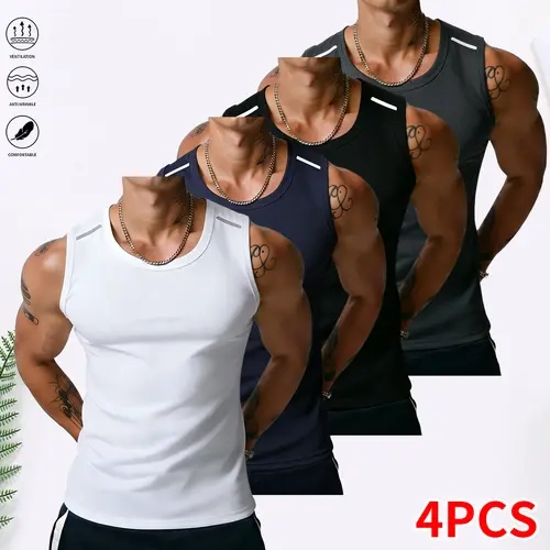 Men’s 4-Piece Value Set Plain Crew Neck Polyester Sleeveless T-Shirts, Athleisure Fashion Apparel, Sports-Inspired Sporty Tops for Basketball & Summer, Sports-Inspired Men's Sleeveless T-Shirts, Sporty T-Shirts