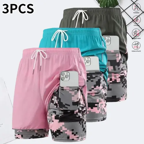 3-pack women’s summer shorts: double-layer faux two-piece mid-length compression shorts that are breathable and quick-drying, featuring an elastic drawstring waist; faux two-piece design; suitable for fitness training, casual wear, sports, and running.